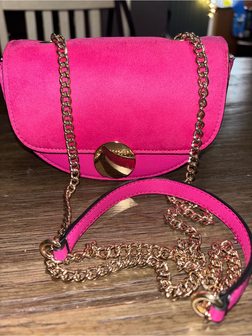 H&M Hot Pink Suede Chain Shoulder Bag with Gold Hardware